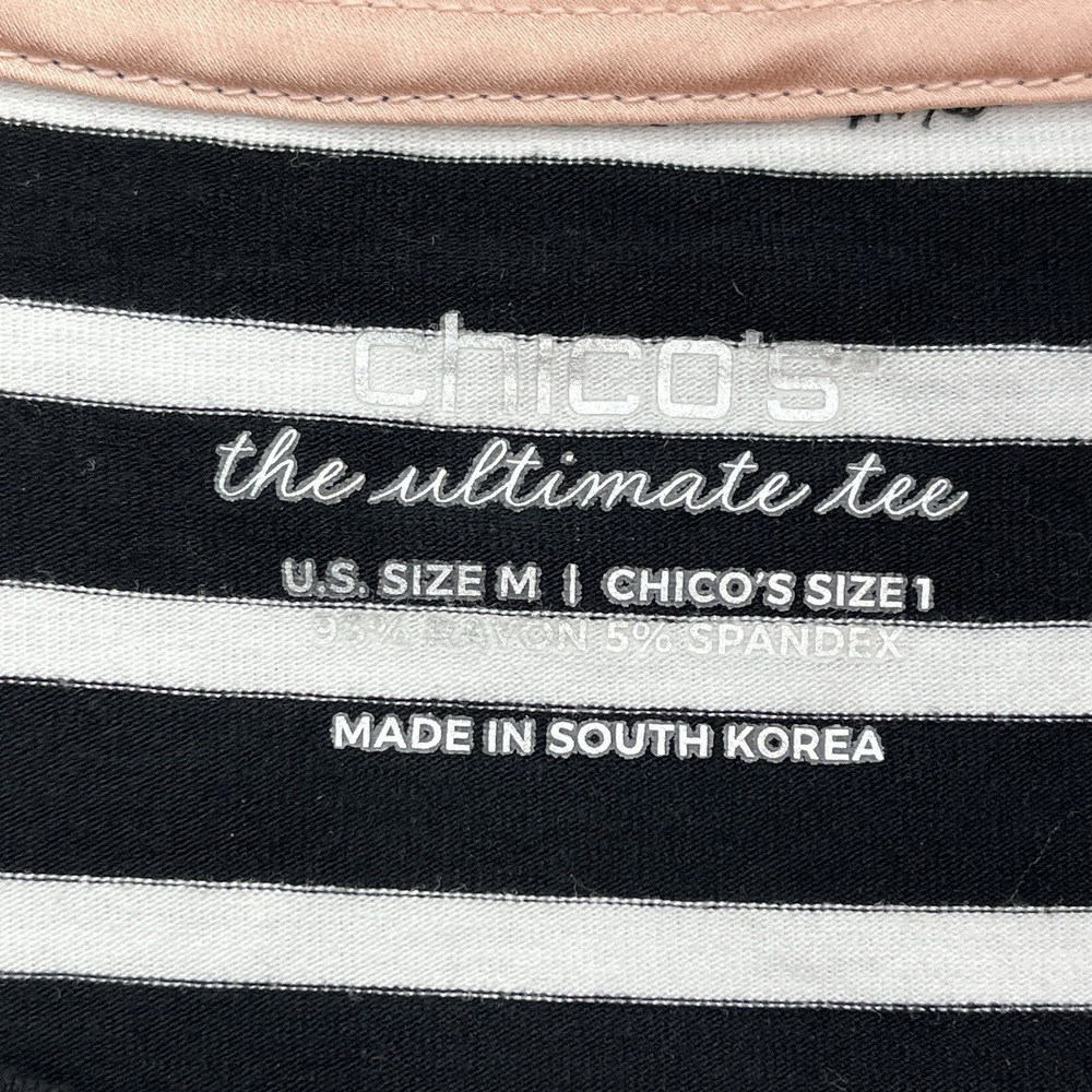 Chicos Ultimate Tee Shirt Womens M/8 Chicos‎ Sz 1 Black White Striped Nautical - Picture 3 of 5